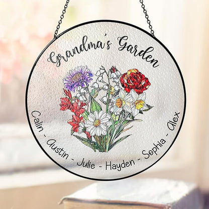 Personalized Grandma’s Garden Stained Glass Window Hanging Ornament, Custom Birth Month Flowers with Kids’ Names, Grandma Love Grows Here Floral Art Decoration, for Mom Grandma/3