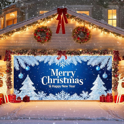 IVN Merry Christmas Happy New Year Garage Door Banner 13x6 ft Christmas Garage Door Wnter Scene Background Indoor Outdoor Blue Snowflake Tree Holiday Decorations for Home Wall Backdrop Decor