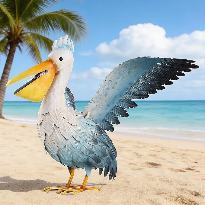 Ratuor Metal Pelican Garden Statue Outdoor Decor, Metal Yard Art Decoration Coastal Bird Garden Decor Lawn Ornament for Porch Patio