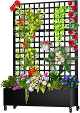MTART Metal Planter Box with Trellis, 72.1"x47.2"x16" Galvanized Raised Garden Bed with Privacy Screen & Drainage Holes & Lockable Casters for Climbing Plants, Flower, Vegetable (Black-Grid)