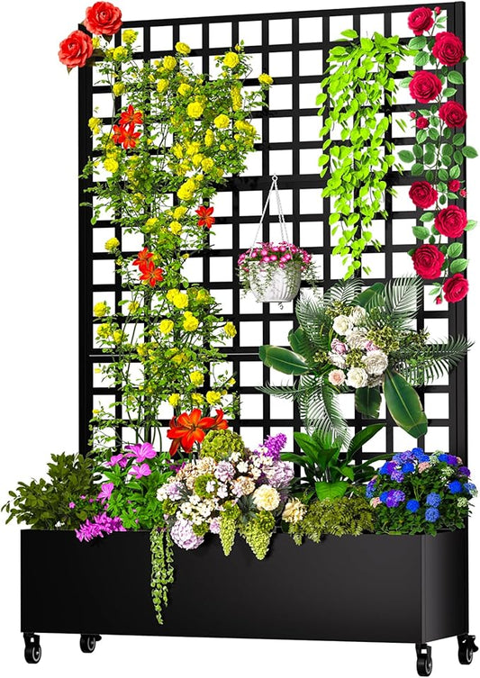 MTART Metal Planter Box with Trellis, 72.1"x47.2"x16" Galvanized Raised Garden Bed with Privacy Screen & Drainage Holes & Lockable Casters for Climbing Plants, Flower, Vegetable (Black-Grid)
