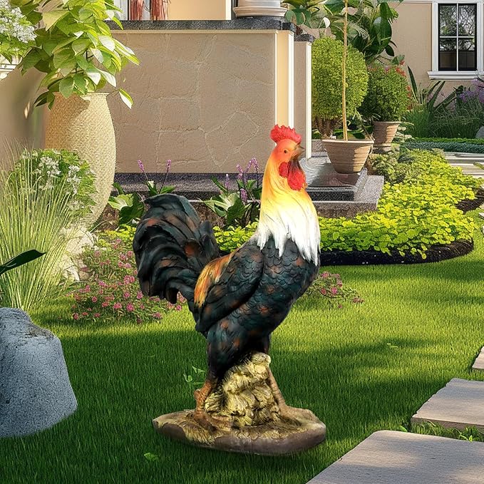 22.4" H Rooster Garden Statue – Garden Decor with Realistic Detail Chicken Sculpture, Standing Rooster Garden Ornament for Decor