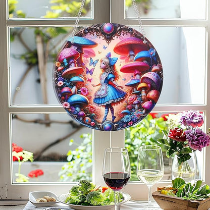 Butterfly Girl Fairy Suncatcher Acrylic Flower Mushroom Window Hanging Stained Sun Catchers Indoor Window Decor with Chain Home Garden Decoration 7.8 inch YKA188 (D)