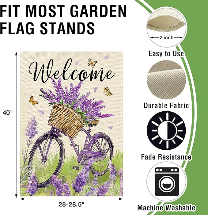 Artofy Welcome Spring Summer Bike Large Decorative House Flag, Bicycle Lavender Flower Floral Yard Garden Outside Decor, Seasonal Butterfly Burlap Outdoor Home Decoration Double Sided 28 x 40