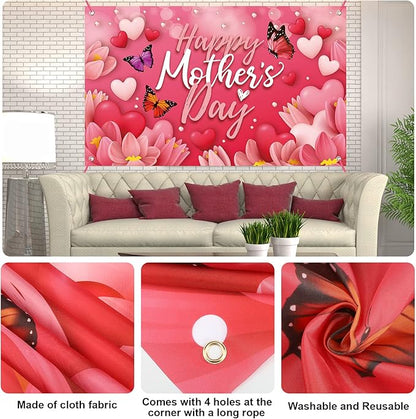 Large Happy Mother's Day Banner Decorations Mothers Day Flag Outdoor 71x44 Inch,Mom Gifts for Indoor Home House Decor Party Supplies,Yard Sign Background for Photography, Red Pink Heart Flowers