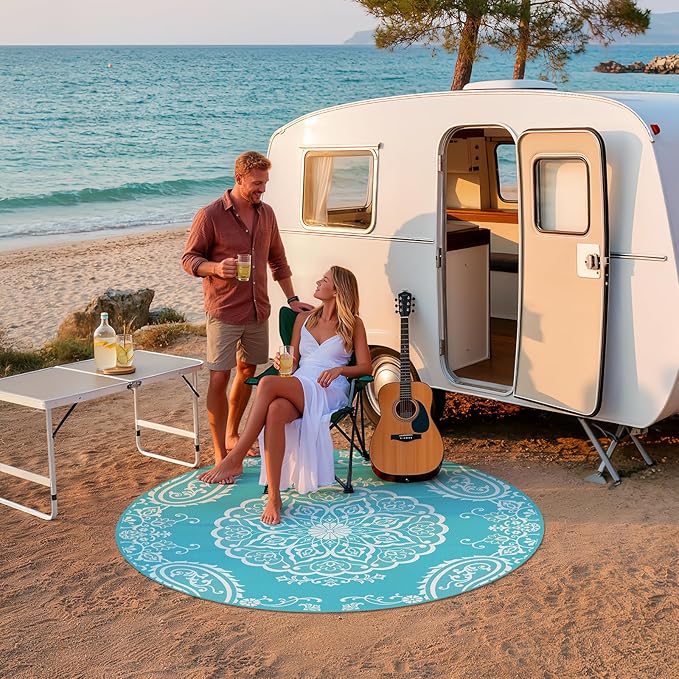 Pauwer Waterproof Outdoor Rug 6ft, Reversible Plastic Straw Patio Camping Rug, Indoor Outdoor RV Mat Carpet for Deck, Camper, Porch, Balcony, Backyard, Picnic, Boho Teal