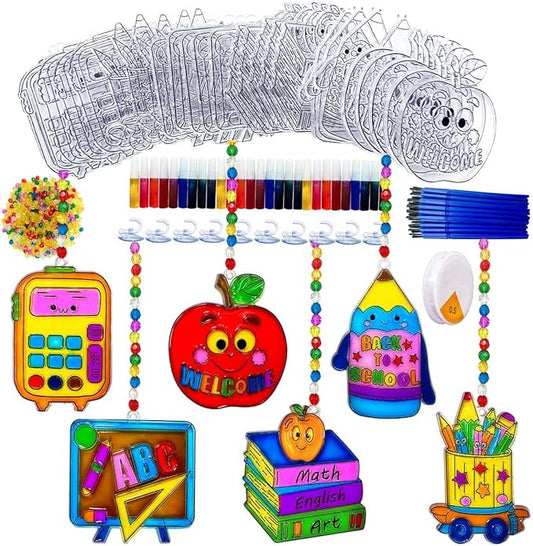 30 Sets Suncatcher Kit Back to School Suncatchers Apple Pencil Window Paint Art Drawing DIY Craft Kits Sun Catchers First Day of School Supplies for Stationery Party Gift Exchange Classroom Activities