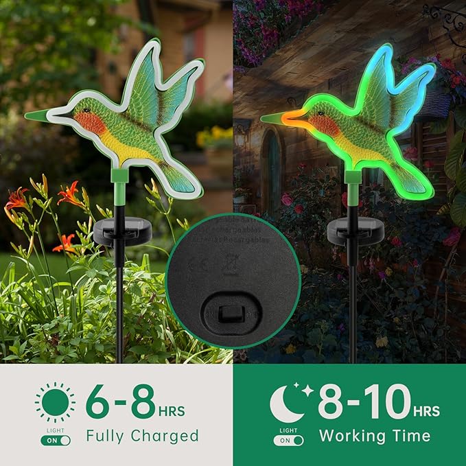 Solar Hummingbird Garden Lights 2 Pack, Colorful Neon Glow LED Solar Stake Lights, Waterproof Outdoor Decorative Landscape Lighting for Yard, Patio, Pathway