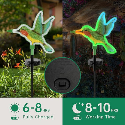 Solar Hummingbird Garden Lights 2 Pack, Colorful Neon Glow LED Solar Stake Lights, Waterproof Outdoor Decorative Landscape Lighting for Yard, Patio, Pathway