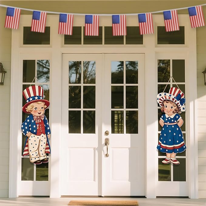 4th of July Decorations Outdoor, 31in Patriotic Decor Memorial Day Yard Sign with Metal Stakes, Front Door Decor Hanging Sign for Porch Walls Door Hanger Garden Patio Lawn Party Supplies Prop