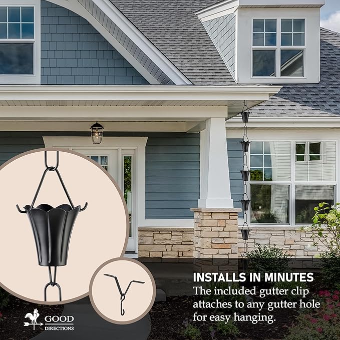 Fluted Flower Black Aluminum 8.5 ft. Rain Chain with Gutter Installation Clip by Good Directions