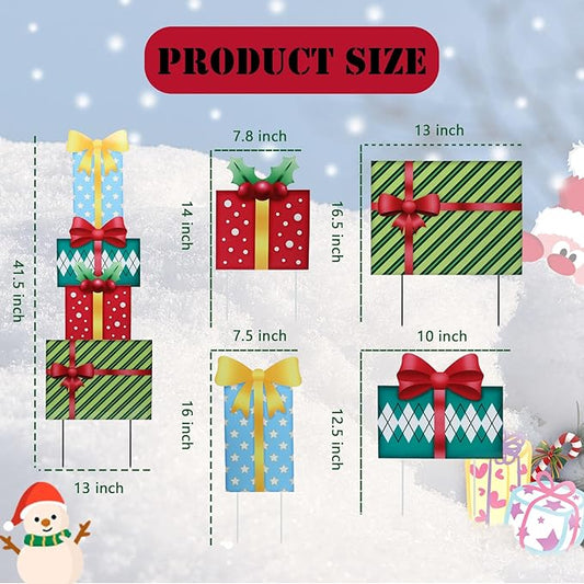 Afirst Christmas Yard Stakes Gift Box Christmas Yard Decorations Detachable 4 Stacked Gifts Boxes Metal Yard Stakes Outdoor Xmas Stake for Lawn Pathway Outdoor Decoration