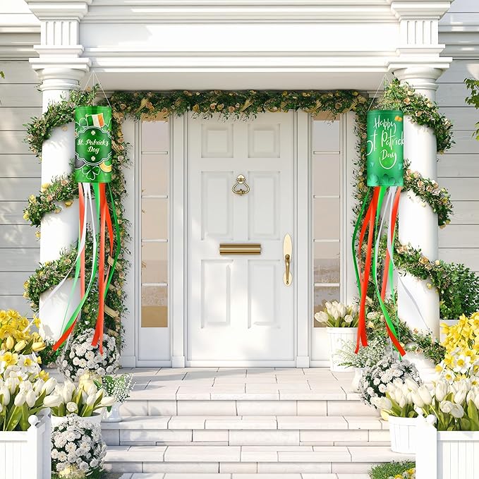 2Pack 40 Inch St. Patrick’s Day Outdoor Windsock, Green Outdoor Holiday Windsock Flags Decorations, Shamrock Irish Pattern Design for Yard Garden Home Party Hanging Decor