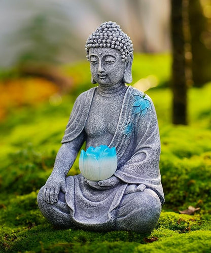 Nacome Solar Buddha Garden Statue Decor: Resin Zen Decor Waterproof Sitting Figurine with Lotus Flower Light Design for Outside Patio Lawn Yard Balcony - 8.3 inches(Grey)