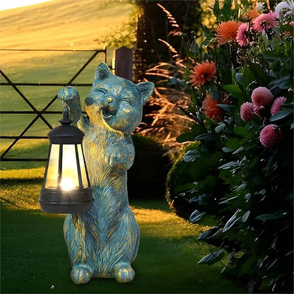 Garden Statue Cat with Solar Lantern Outdoor Decorations Cat Figurine Lights for Outdoor Patio Balcony Yard Porch Lawn for Women Mom Grandma Family Friend