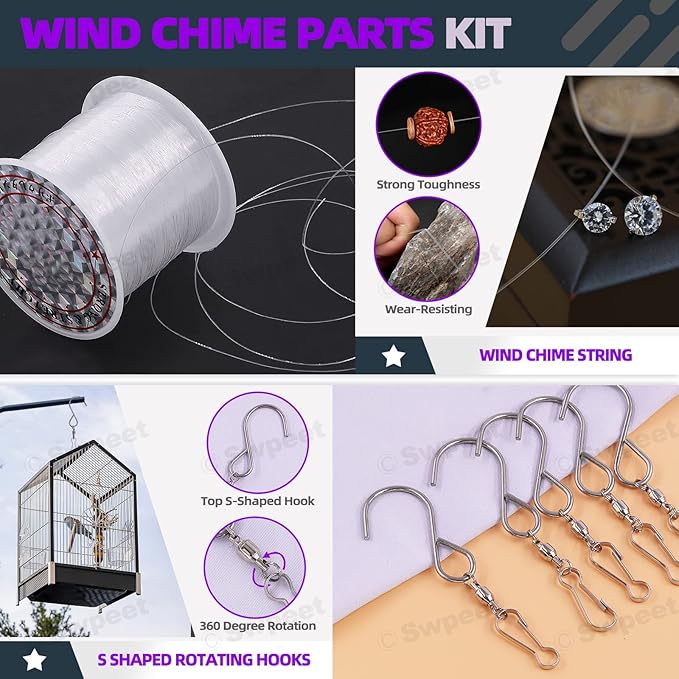 Swpeet 60Pcs Wind Chime Tubes Parts and Transparent Top Circles of Wind Chime with 100 Yard Wind Chime Wire and Swivel Hooks Clips Making