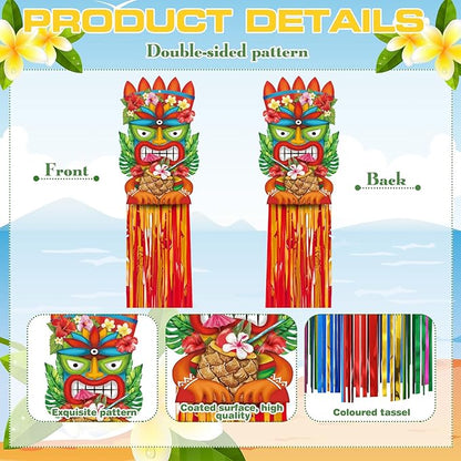 Affrolling 8 Pcs Hawaiian Luau Party Decoration Tiki Totem Hanging Decorations with Tassels for Aloha Hawaii Luau Tropical Birthday Party Supplies 3.3 ft Outdoor Summer Tiki Door Banner Sign Decor