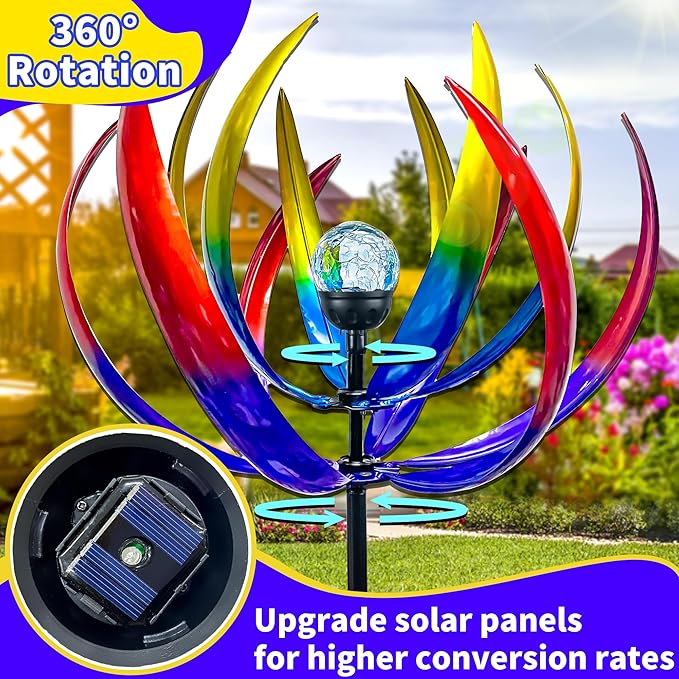 Wind Spinners Outdoor for Yard and Garden - Wind Sculptures & Spinners - 70 Inch Wind Spinner with Solar Powered Multi-Color Glass Ball Light for Yard Garden Backyard Lawn Decorations -Multicolored