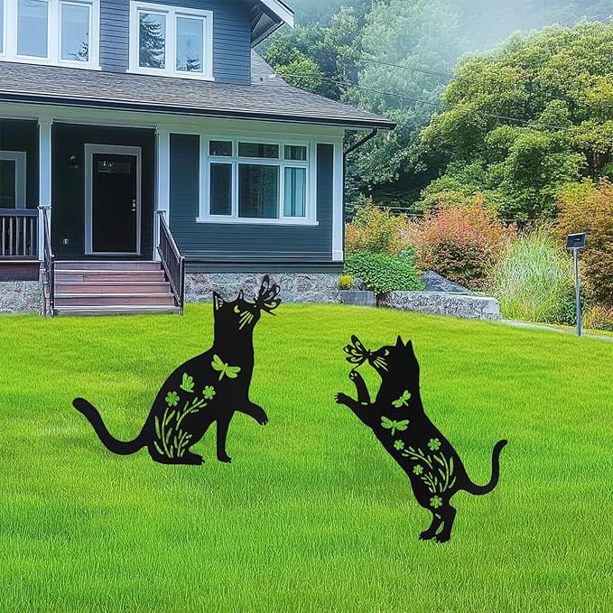 Flohuaer 2PCS Cat Metal Garden Stakes Decorative Unique Gifts for Women/Men Cat Lovers Black Silhouette Statues for Outside Yard Art Outdoor Patio Lawn Ornaments Garden Decorations