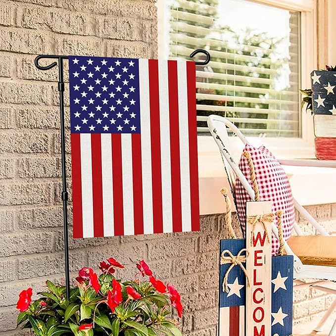 URSKYTOUS 2Pcs American Garden Flags Small American Flags Double Sided 12×18 Inch Weatherproof Patriotic USA Garden Flag Outside Thick Burlap Stars and Stripes Flag for Outdoor Yard Patio Lawn Decor