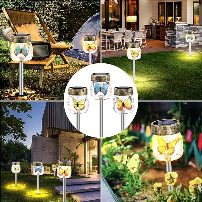 SUNWIND Solar Garden Lights Outdoor Decorative - 3 Pack Decorative Butterfly Glass Jar Lights for Pathway, Lawn, Yard