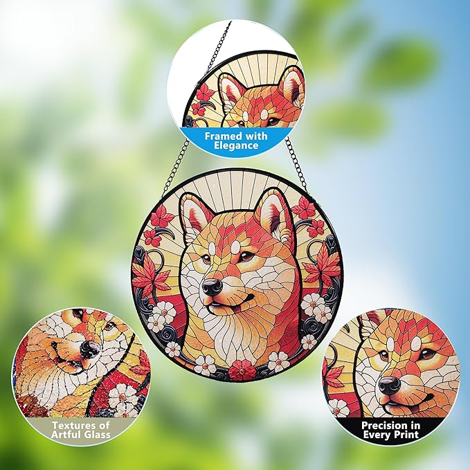 Stained Glass Dog Memorial Suncatcher,Shiba Inu Window Hanging,Sympathy Gifts for Pet Loss,7.9 inch/20 cm Home and Garden Decor for Dog Lovers