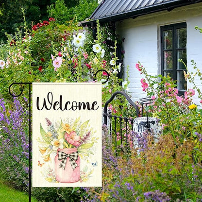 Welcome Spring Garden Flag for Outside,Mason Jar Spring Flowers Garden Flag Yard Lawn Porch Flags for Outdoor Decorations 12x18 Inch Double Sided