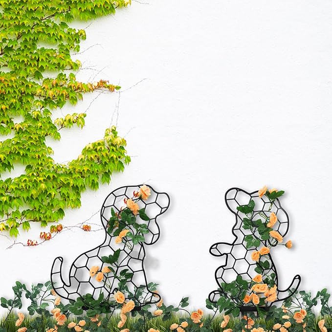 Metal Trellis Dog Garden Statue, Outdoor Metal Dog Stakes Gifts for Mother Father, Animal Art Lawn Garden Stakes 17 Inch, Set of 2