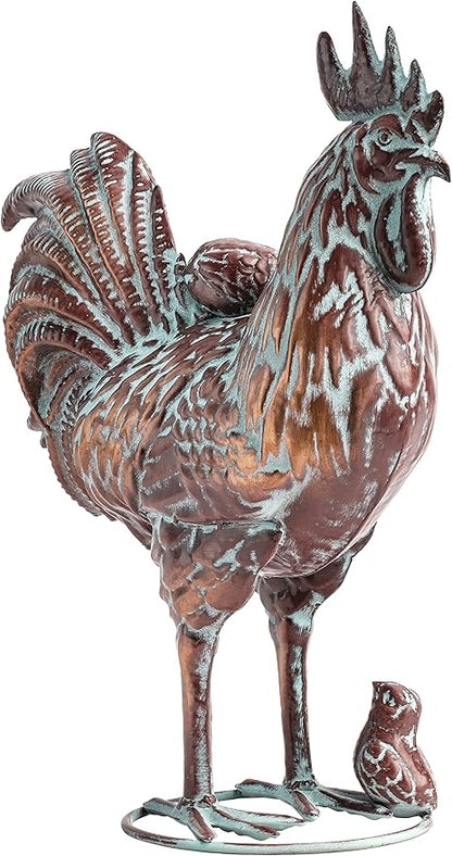 Metal Rooster and Chicks Yard Decor 15.7" L x 18.8" H Outdoor Garden Rooster Statue Sculpture Antique Metal Chicken Yard Art for Home Backyard Patio Lawn,Gift for Mom Grandma and Chicken Lovers
