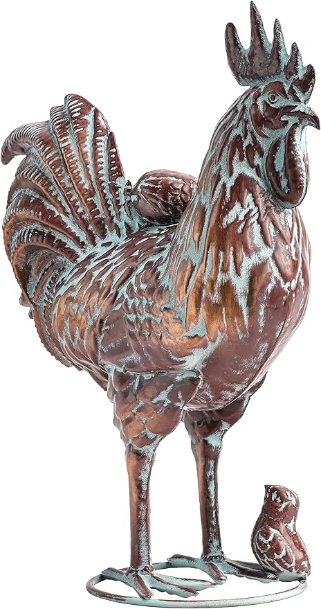 Metal Rooster and Chicks Yard Decor 15.7" L x 18.8" H Outdoor Garden Rooster Statue Sculpture Antique Metal Chicken Yard Art for Home Backyard Patio Lawn,Gift for Mom Grandma and Chicken Lovers