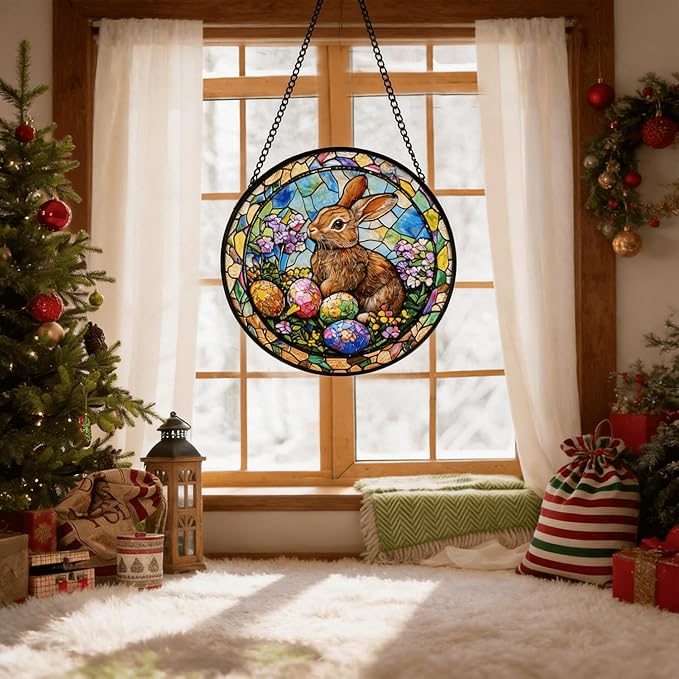 Sun Catcher Stain Glass,Rabbit Suncatcher Stained Glass Decor for Window Hanging, Gardening Gifts for Women with 7.9 Inch