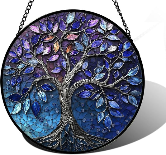 DASTOLL Stained Glass Window Hanging, Blue Purple Tree of Life Sun Catchers Colorful Glass Panel Plants Suncatcher Decor for Birthday for Women,Men,Wife, Lovers, and Mom 7.8 in