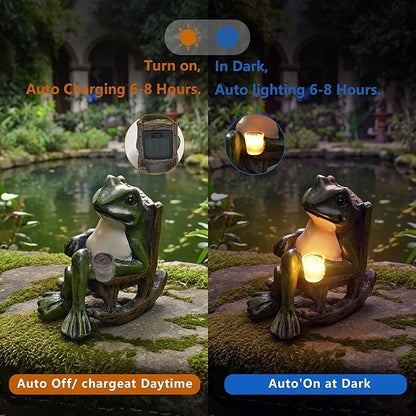 Solar Garden Statues Outdoor Decor,Frog Figurine Solar Lights, Waterproof Solar Lantern for Balcony Patio Porch Lawn Yard Ornament Art - Gift Ideas for Gardening Grandma Women 3.94"x3.54"x2.36"