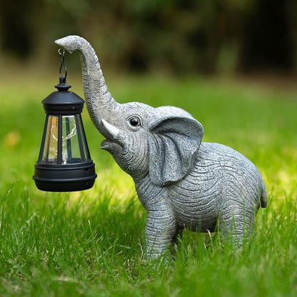 Candieslife Solar Garden Statue Lights Elephants Figurine with Solar Lantern, Outdoor Yard Decorations for Patio Porch Home, Mothers Day Decorations Gift for Women - Unique Housewarming Gifts