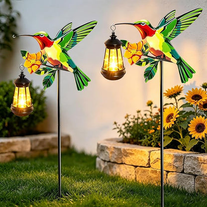 2 Pack Solar Lights Outdoor Waterproof Hummingbird Decorative, 29in Metal Hummingbird Garden Stakes with Solar Lanterns for Yard Art Outside Patio Porch Lawn, Gifts for Women Mom Grandma Mother's Day