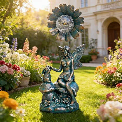 Garden Solar Fairy Statue - Mushroom Seat, Touching Rabbit, Iron Flower Glass Ball, Whimsical Outdoor Ornament