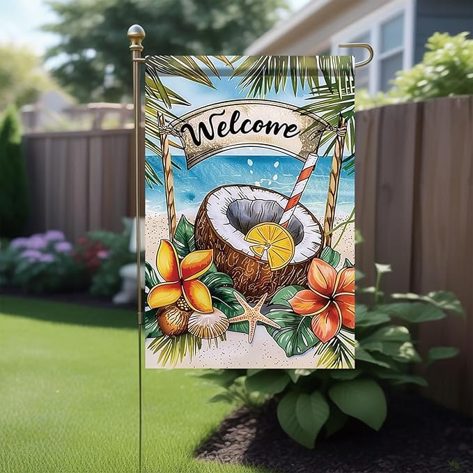 Welcome Coconut Drink Garden Flag Tropical Beach Palm Leaves Ocean Outdoor Yard Porch Lawn Garden Decor for Summer Seaside Patio Coastal Farmhouse Seasonal Home Display