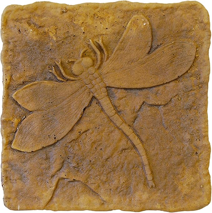 Athens Autumn Wheat Dragonfly Stepping Stone, 12” Square Concrete Garden Accent with Raised Dragonfly Design, Durable Outdoor Patio or Pathway Decor, Natural Brown Tones, Hand Cast Artisan Finish