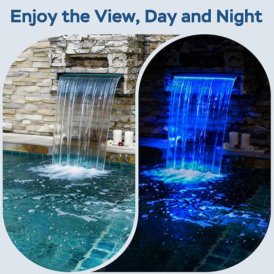 All-in-1 Pond Waterfall Kit with LED Light, 8-inch Stainless Steel Spillway with 660GPH Pump Filter Box, 3-Stage Filtration Outdoor Waterfall for Water Feature, Garden, Backyard, Pool
