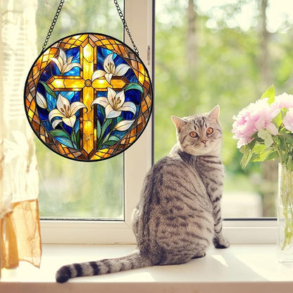 Cross Stained Glass Suncather for Window Hanging with Lily Flowes, 7.9'' Golden Christian Cross Ornament Gift for Women, Religious Wall Art Home Decor Gifts for Mom, Grandma (Golden, 7.9'')