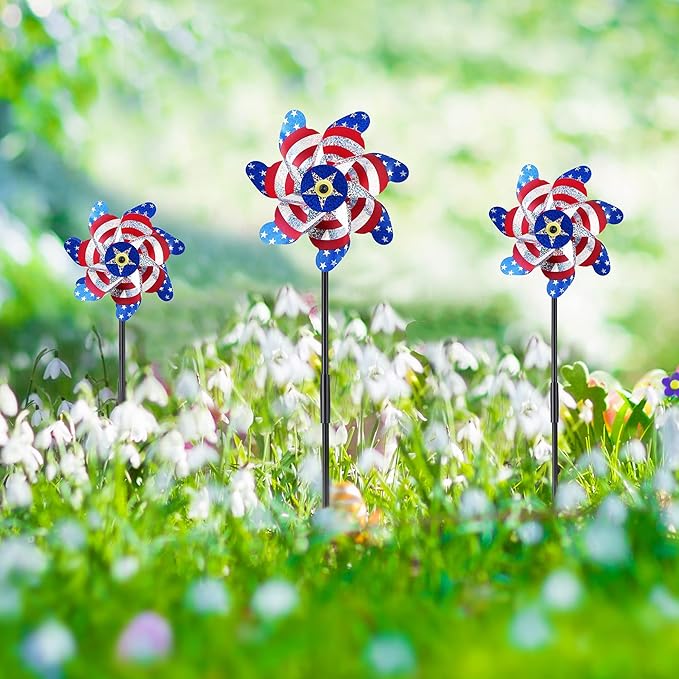 BATTIFE Reflective Pinwheels for Yard and Garden, Pre-Installed Sparkly Blind Birds Pin Wheel, Scare Birds & Animal Away Wind Spinner, 10 Pack (American Flags)