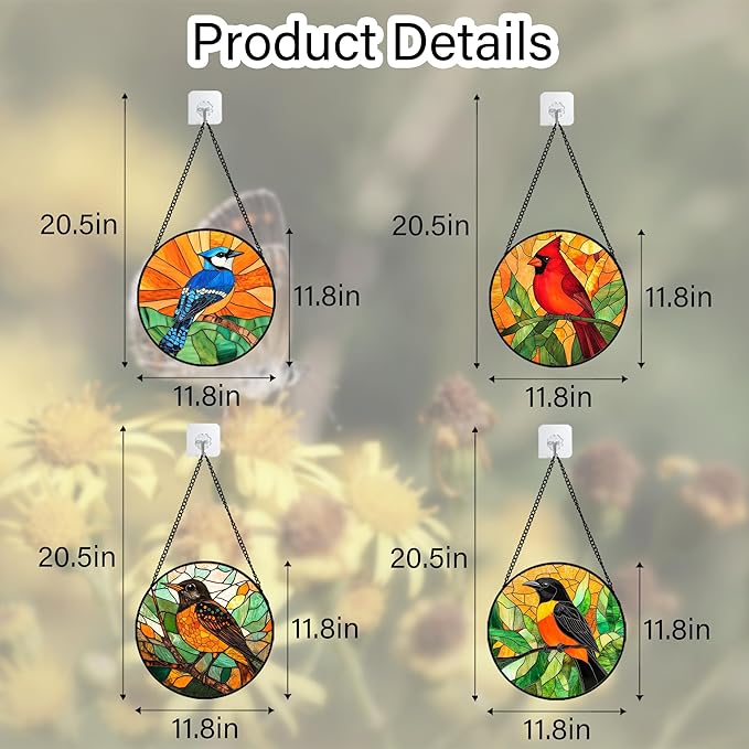 DASTOLL Stained Glass Window Hanging 4 Pcs Set Birds Large 11.8" - Cardinal Blue Jay Suncatcher Door Garden Sun Catcher Decor Birthday Christmas for Bird Lovers Mom Woman Nana Men