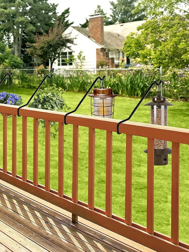 Biubee 4 Pack Deck Bird Feeder Hanger for Railing - Extended Angled Metal Deck Rail Plant Hanger for Bird Feeder Planters Lanterns Wind Chimes, Fit 2" × 4" & 2" × 6" Wooden Railings