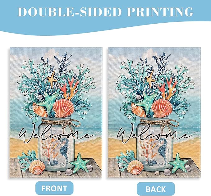 Welcome Summer Mason Jar Decorative House Flag, Beach Coastal Coral Starfish Shell Sea Horse Garden Yard Outside Decorations, Nautical Seasonal Outdoor Large Home Decor Double Sided 28 x 40