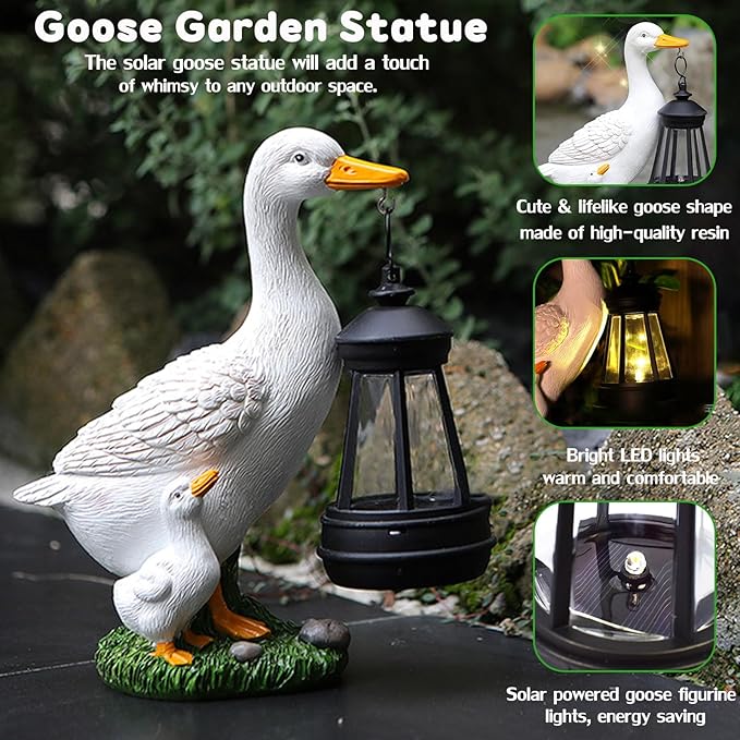 VEEKI Garden Statue Outdoor, Cute Goose Statue Figurine Lights with Solar Lantern Outdoor Waterproof, Resin Outdoor Decor Sculpture for Yard Porch Patio Lawn, Unique Gifts for Mom Grandma Women