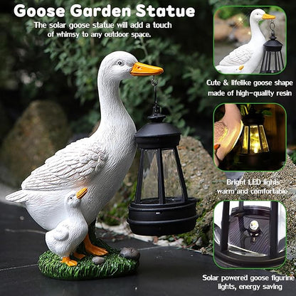 VEEKI Garden Statue Outdoor, Cute Goose Statue Figurine Lights with Solar Lantern Outdoor Waterproof, Resin Outdoor Decor Sculpture for Yard Porch Patio Lawn, Unique Gifts for Mom Grandma Women