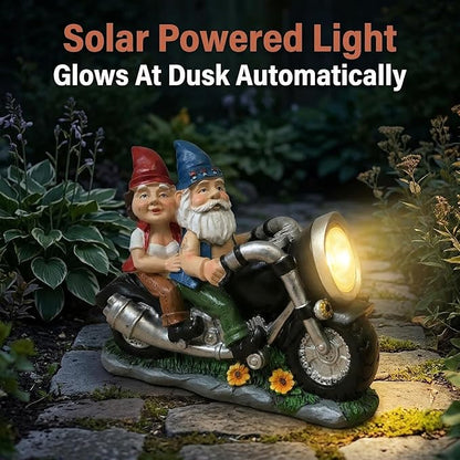 Cute Biker Gnome Couples Statue with Solar Lights - Biker Garden Gnomes Outdoor Funny Figurine - Solar Powered Motorcycle Statues Garden Ornament Art - Travel Gnome Figurine for Patio Yard Decor
