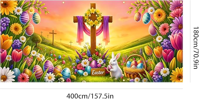 Easter Garage Door Banner 157.5x70.9in Large Spring Garage Door Cover Bunny Floral Outdoor Decorations for House Exterior Party Decor with Grommets Rope