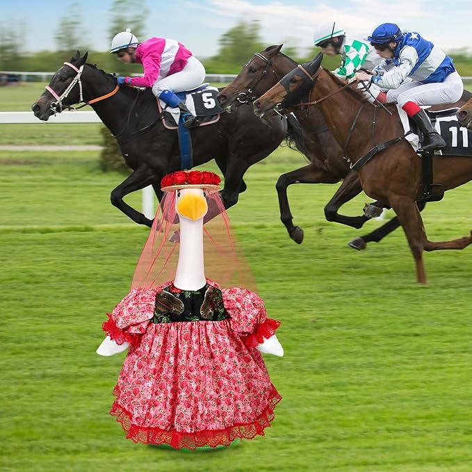 JcHrmers Kentucky Party Derby Day Goose Outfit Derby Horse Porch Goose Outfit Fits 23" Cement Plastic Goose Statue Rose Goose Clothes for Spring Outdoor Lawn Yard Garden Patio Holiday Decor