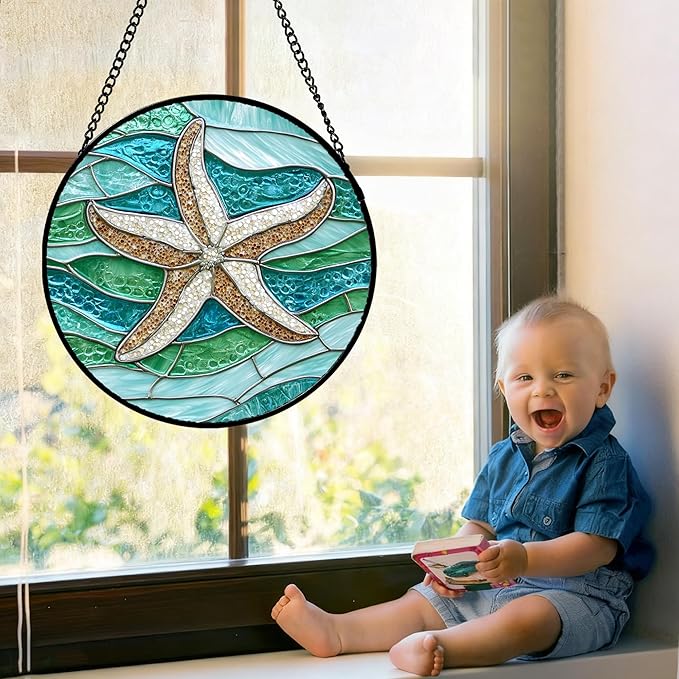 DASTOLL Stained Glass Window Hanging Teal Sea Waves Starfish 9.8" - Suncatcher Door Garden Sun Catcher Home Decor Birthday Mother's Day for Mom Men Woman Parents Her Child Nana